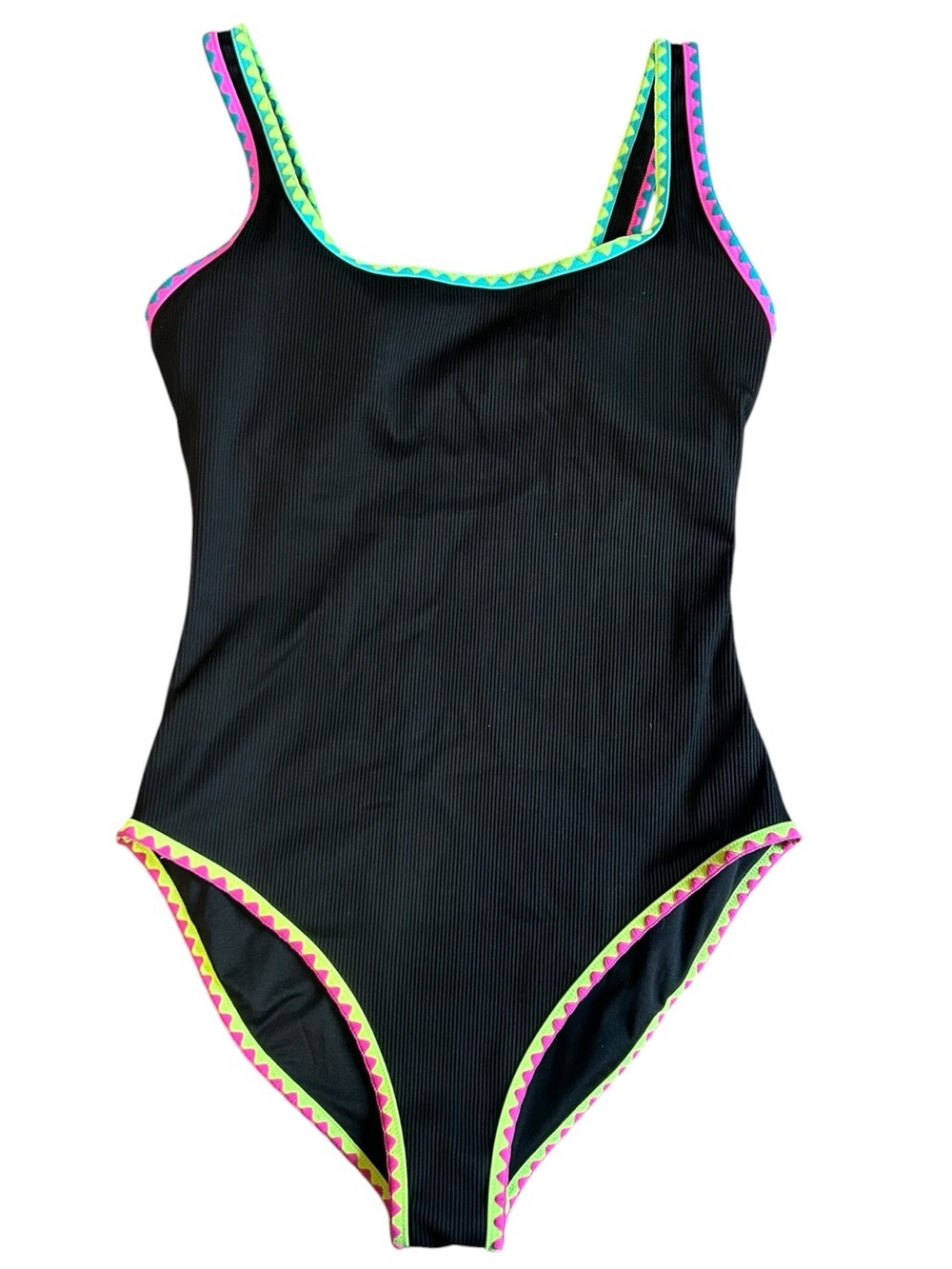 POPVIL Ribbed Black Neon Trim One Piece Swimsuit Size L
